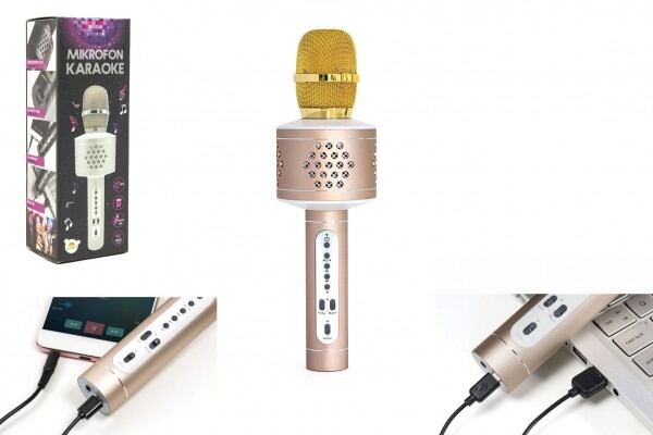 Teddies Mikrofón karaoke Bluetooth zlatý na batérie s USB káblom