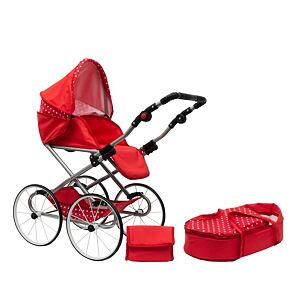 New Baby Detský Retro kočík pre bábiky 2v1 Magdalena červený s bodkami