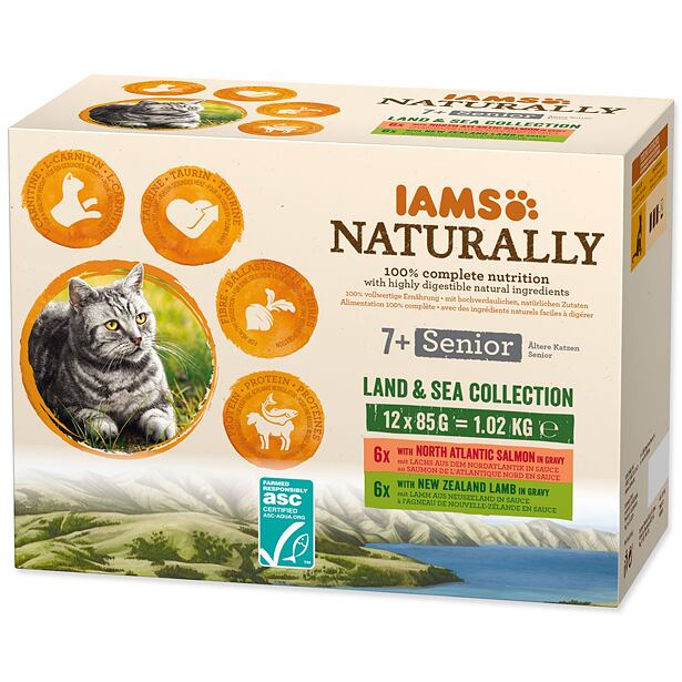 Kapsičky IAMS Naturally Senior mořské a suchozemské maso v omáčce multipack (12x85g) 1020 g
