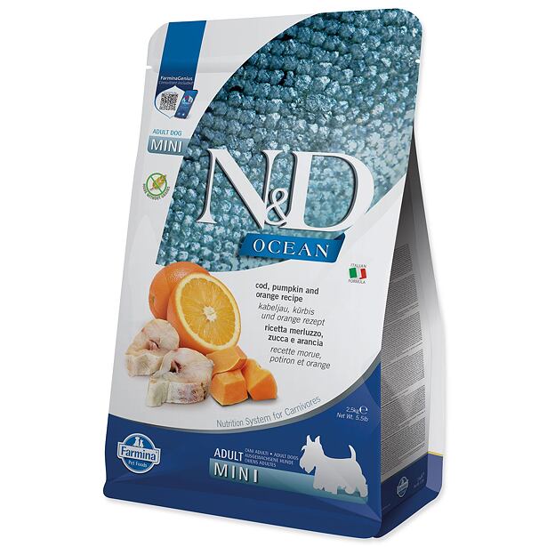KRMIVO N&D OCEAN DOG CODFISH, PUMPKIN AND ORANGE ADULT MINI 2.5KG