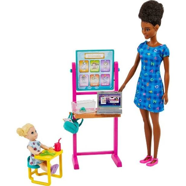 Mattel Barbie Povolání herní set s panenkou Učitelka černoška v modrých šatech