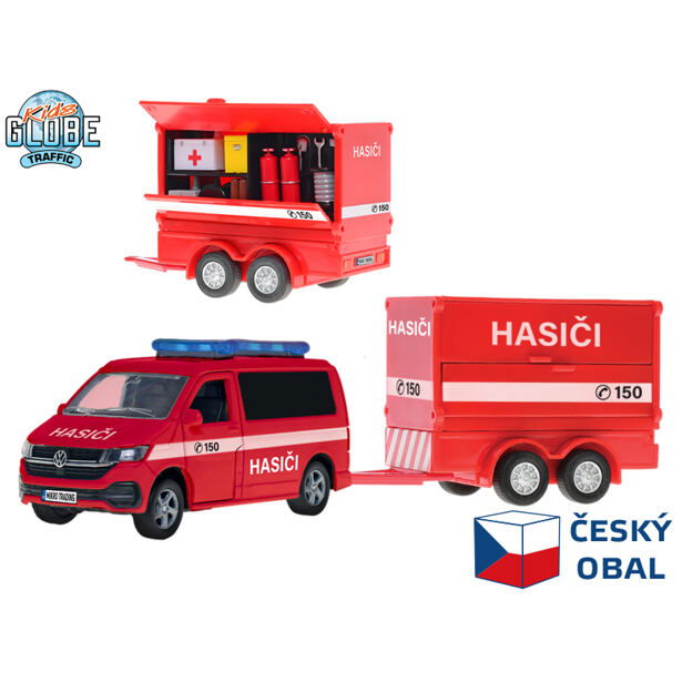 Kids Globe Traffic VW hasiči CZ design 27,5 cm kov spätný chod s prívesom v krabičke