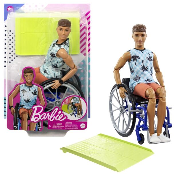 Mattel Barbie MODEL KEN NA INVALÍDNOM VOZÍKU V MODROM KOSTKOVANOM TIELKU